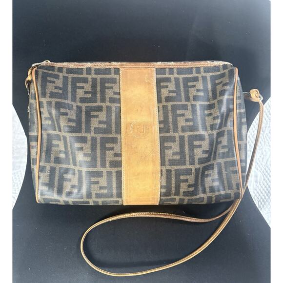 Fendi Handbags - Fendi Vintage Zucca Brown Tobacco zip top Crossbody Purse Camera Bag